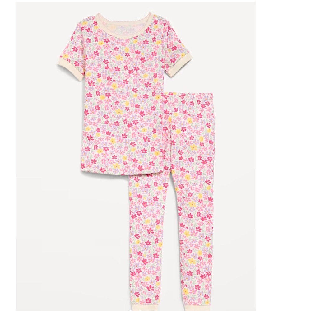 Old Navy Girls Floral Pajama Set Short Sleeve Top Leggings Pink Purple 18-24M